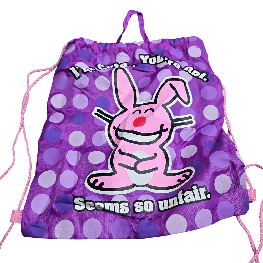 Vintage Y2K It's Happy Bunny Jim Benton Drawstring Cinch Sack Backpack Purple